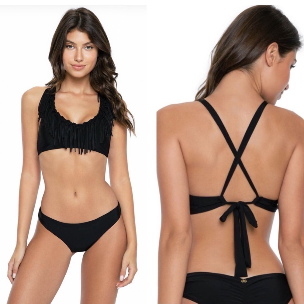 Pilyq PQ Fringe X-Back Bralette Bikini Top Black Small